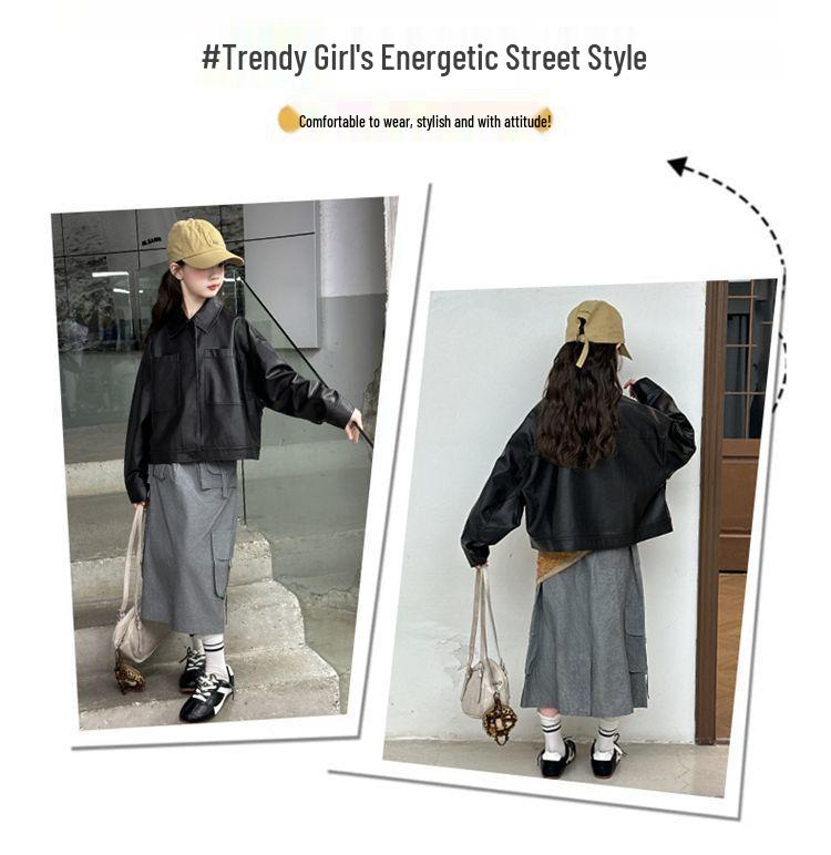Autumn 2025 Girls' Fashionable Leather Jacket - Korean Style