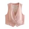 Women Fashion Two Piece Set Pink Tank Tops & Straight Leg Pants Vintage V-Neck Single Breasted Female Chic Pants Suit