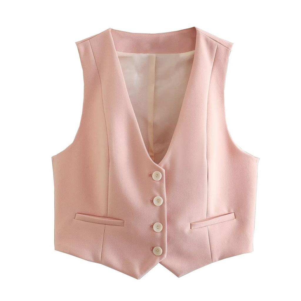 Women Fashion Two Piece Set Pink Tank Tops & Straight Leg Pants Vintage V-Neck Single Breasted Female Chic Pants Suit