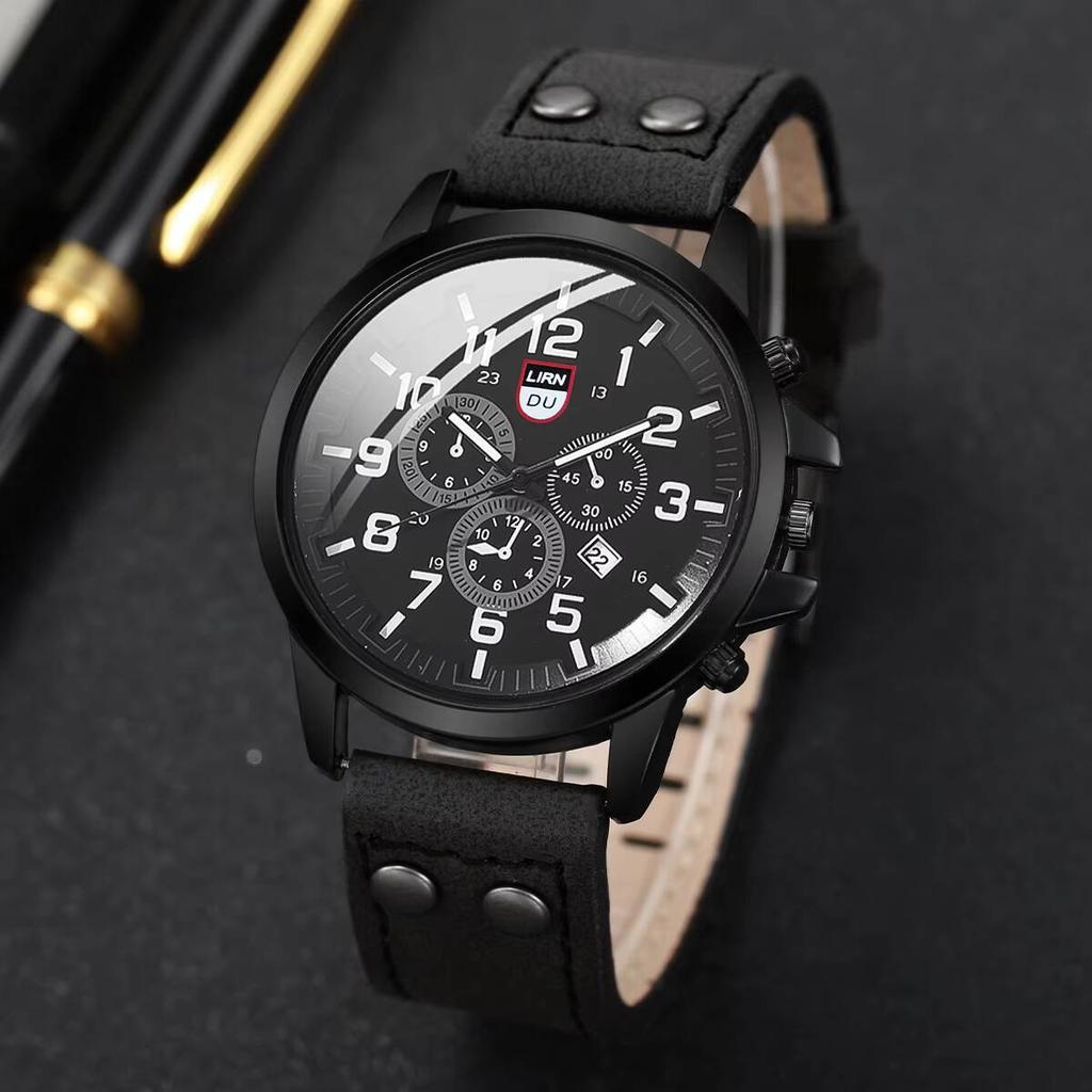 Fashion Men's Sports Watches Casual Leather Strap Quartz Watch Male Military Calendar Wristwatch