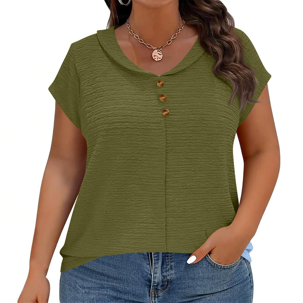 Women’s Short Sleeve Blouse with V Neck and Decorative Buttons Loose Fit Casual Top for Daily Wear