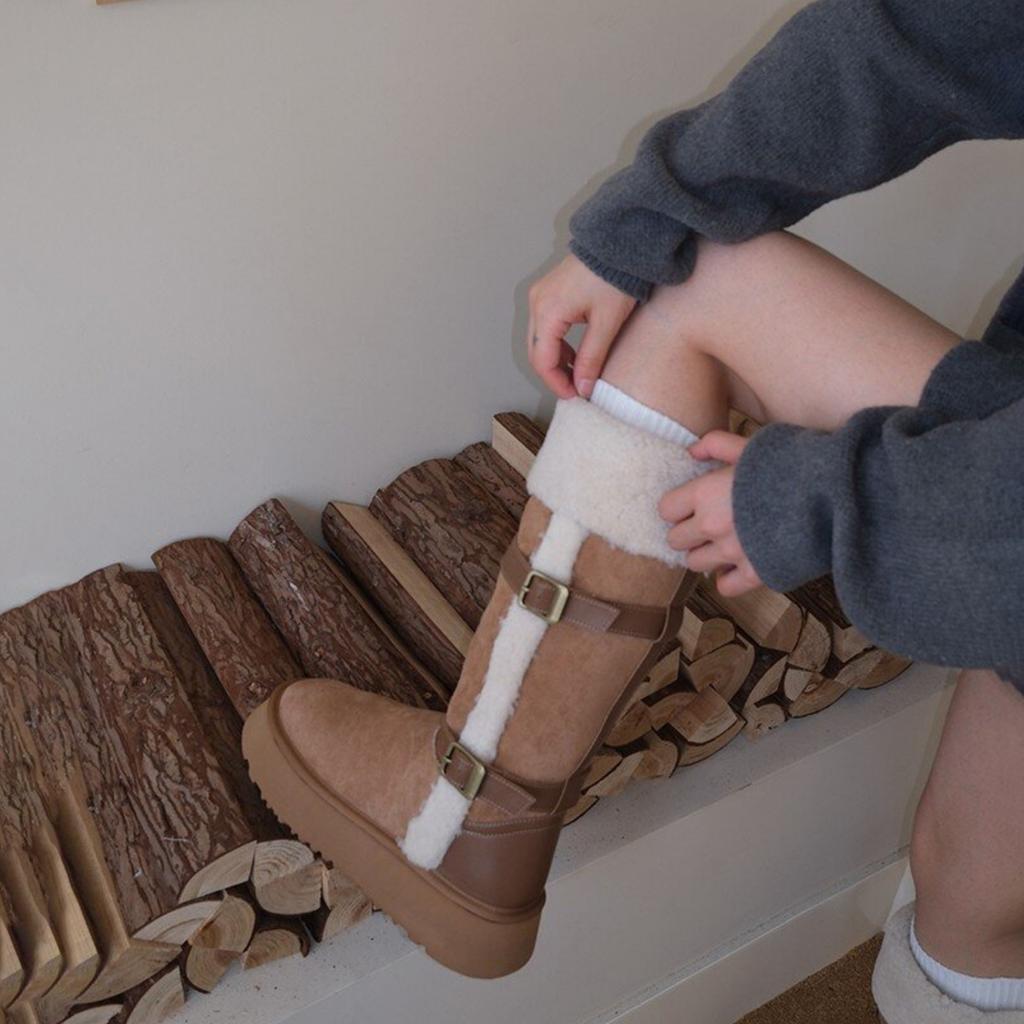 Belt Buckle Thick-soled Snow Boots Women's 2025 New Winter Non-slip Lamb Wool Piled Thickened Tall Snow Cotton