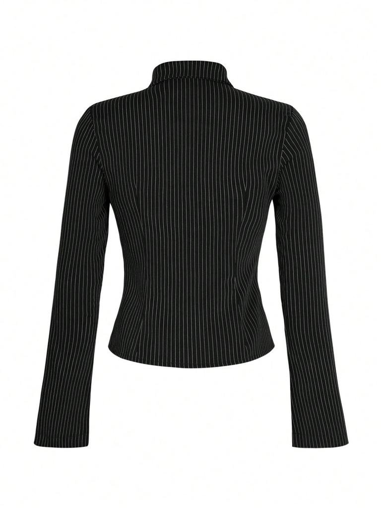 Frühling 2026 Neue Mode Lässiges gestreiftes Langarmhemd mit V-Ausschnitt