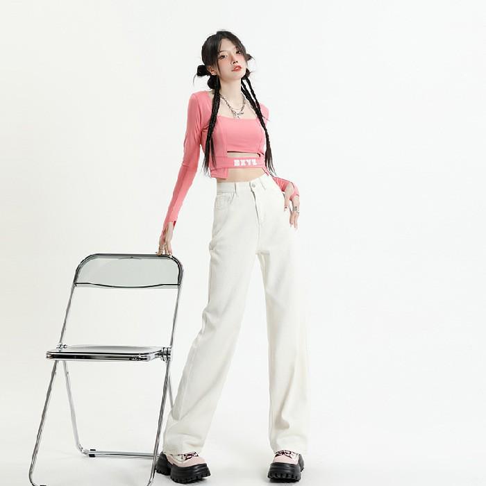 Women's Dirty Pink High Waist Wide Leg Jeans - Slim Fit, Floor Length, Straight Leg Pants for Spring