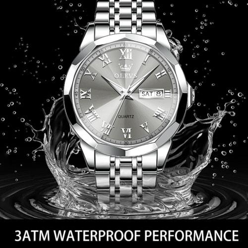 OLEVS Men's Watch, Waterproof, Luminous Business Watch, Analog Quartz, Stylish, Silver Watch, Metal, Gray Dial, Date, Popular Fashion, Hand Watch for