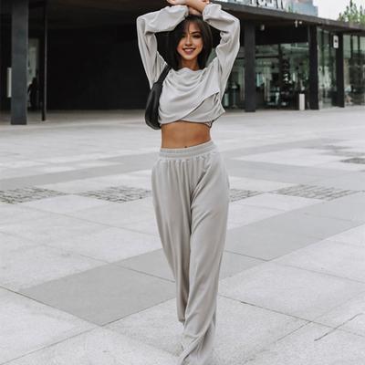2 Pcs/Set Women Top Pants Set Round Neck Long Sleeve Irregular Cross Hem Sweatshirt Pure Color Stretchy High Waist Wide Leg Trousers Sport Fitness