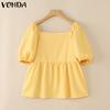 VONDA Summer Women Square Collar Puff Sleeve Ruched Casual Blouse Tops