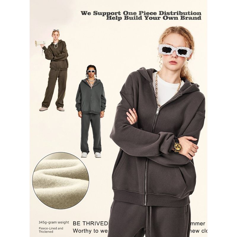 American Street Pure Color Loose Velvet Padded Hooded Sweatshirt Men and Women 2024 Autumn and Winter Fashion Brand Knitting Sports Zipper Outwear