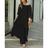 Women's Round Neck Three Quarter Sleeve Irregular Long Tunic Top High Waist Wide Leg Pants Two Piece Linen Set Casual Beach Vacation Outfit