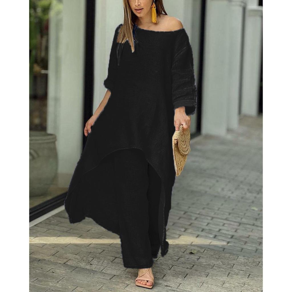Women's Round Neck Three Quarter Sleeve Irregular Long Tunic Top High Waist Wide Leg Pants Two Piece Linen Set Casual Beach Vacation Outfit