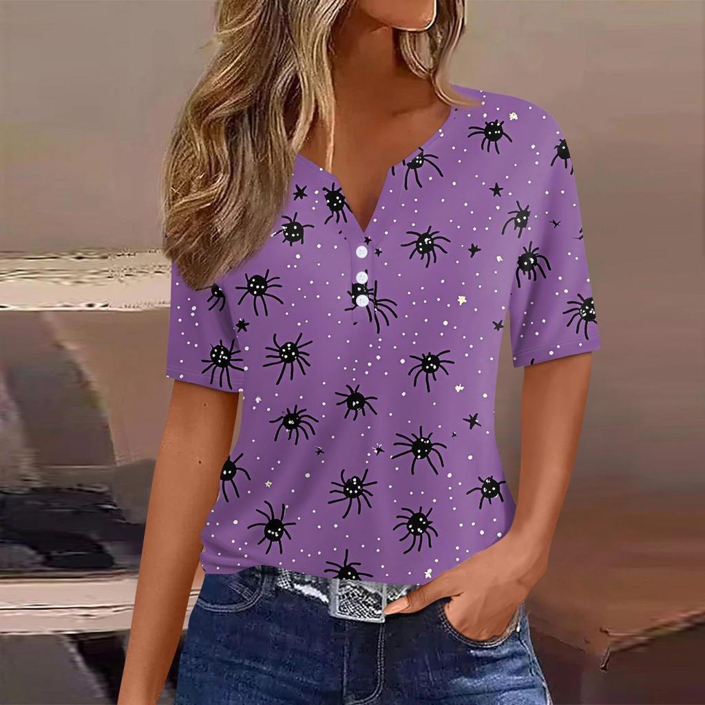 Women's T Shirt Tee Halloween Printed Button Short Sleeve Tunic Daily Weekend Fashion Basic V- Neck Regular Top