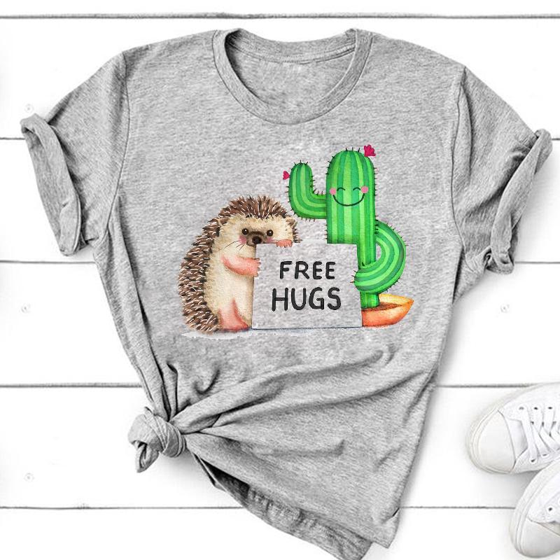 (Asian Size) Short Sleeve Print Cactus Trend Lovely Style Female T Clothing Summer Top Casual Ladies Graphic Tee Women's Fashion T-shirt
