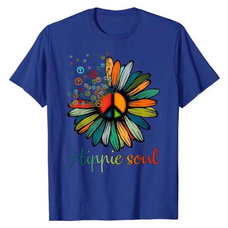 

Daisy Peace Sign Hippie Soul T-Shirt Flower Lovers Gifts Tee Tops Summer Fashion Funny Floral Print Outfits Short Sleeve Blouses S синій