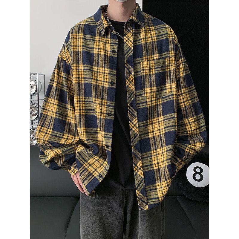 

Новая клетчатая рубашка с длинным рукавом, ретро-топ, куртка XXXL жёлтый