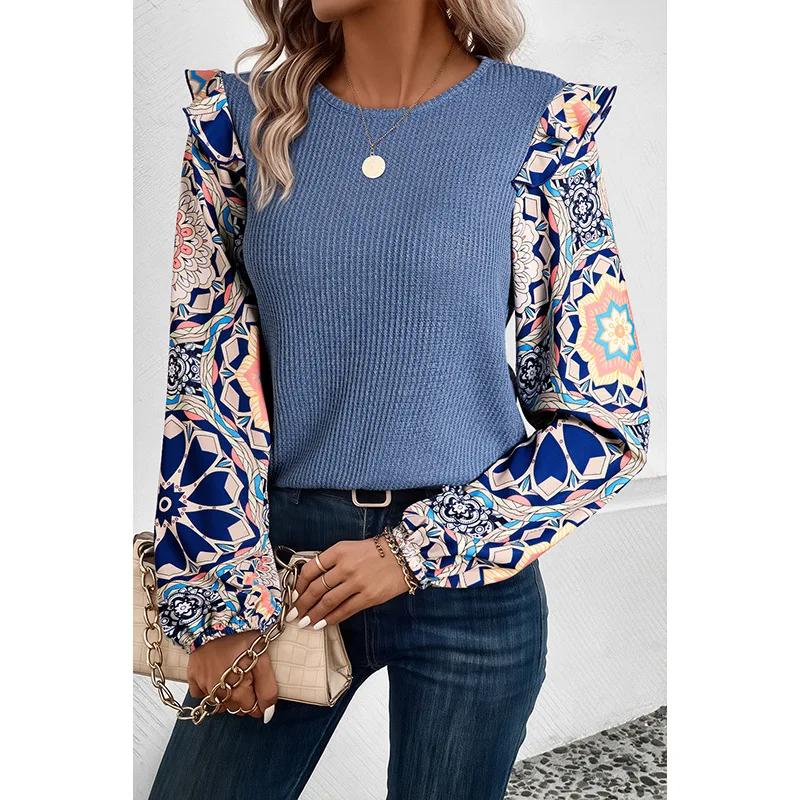 

Women s New Style Wfle Stitch Knit Sweater Fashionable Ruffled Floral Sleeve Pullover Top S