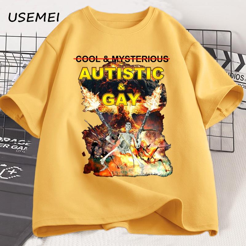 Autistic and Gay Skeleton Explosion T-Shirt Unhinged Graphic T Shirts Cursed Skeleton Autism Meme Tshirt Men Women Tees Clothes
