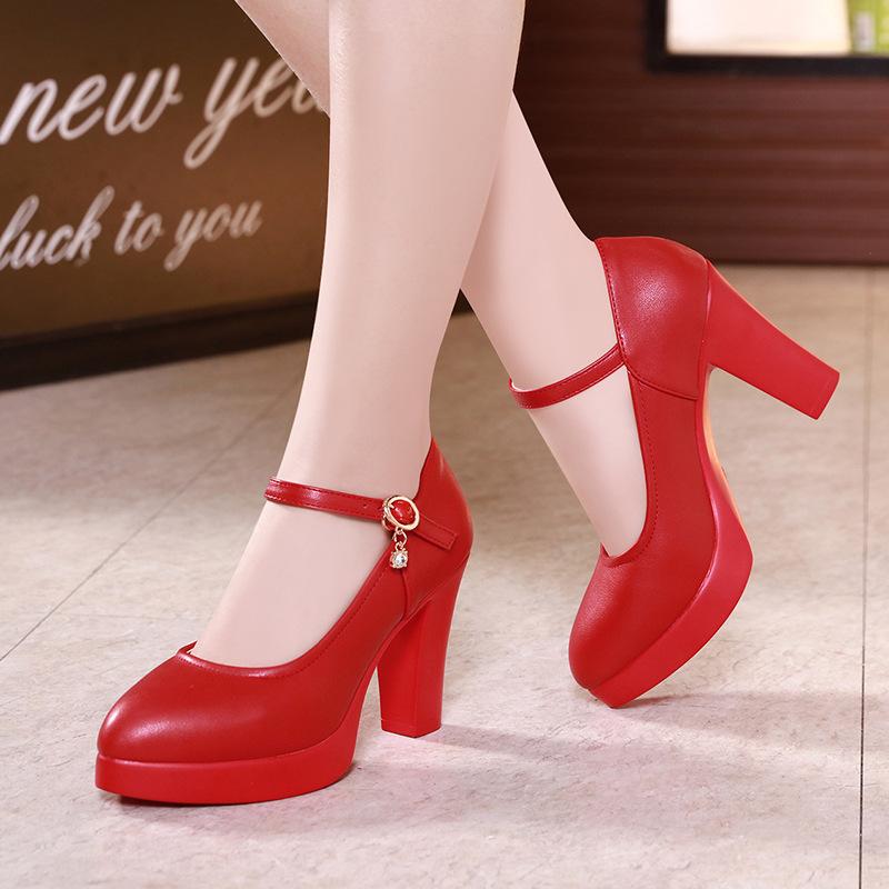 Genuine Leather Women Shoes Pointed Pumps Platform High Heels Fashion Party Wedding Shoes Black Work Shoe Plus Size 32-43