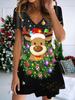 Fashion Women's V Neck Short Sleeve Christmas Snowman Printed  Dress Sex Short Skirt Dresses
