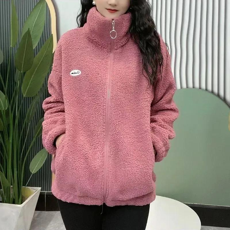Dames Dikke Fleece Standkraag Jas Meerkleurig Warm Casual Herfst Winter Gezellige Buitenjas