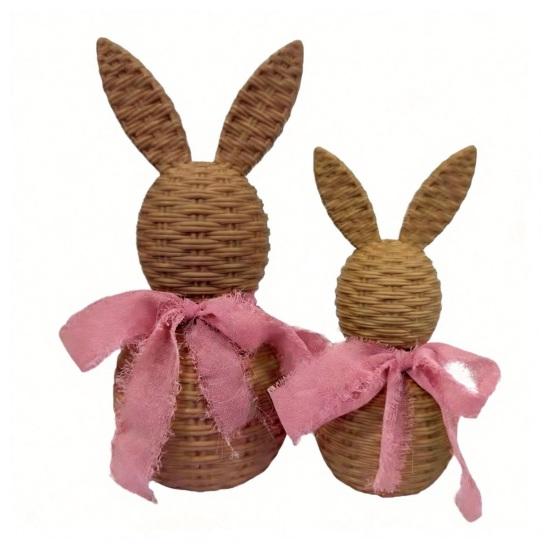 1 Paar Rattan-Optik Hasen-Dekorationsset Große Kleine Hasenstatue mit Schleifen-Dekor Frühlings-Tischdekoration Bauernhaus Heim Osterdekoration