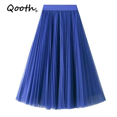 Elegant Women A Line Tulle Pleated Skirt Wide Hem Mid Length Elastic Waist Casual Skirt QT2691