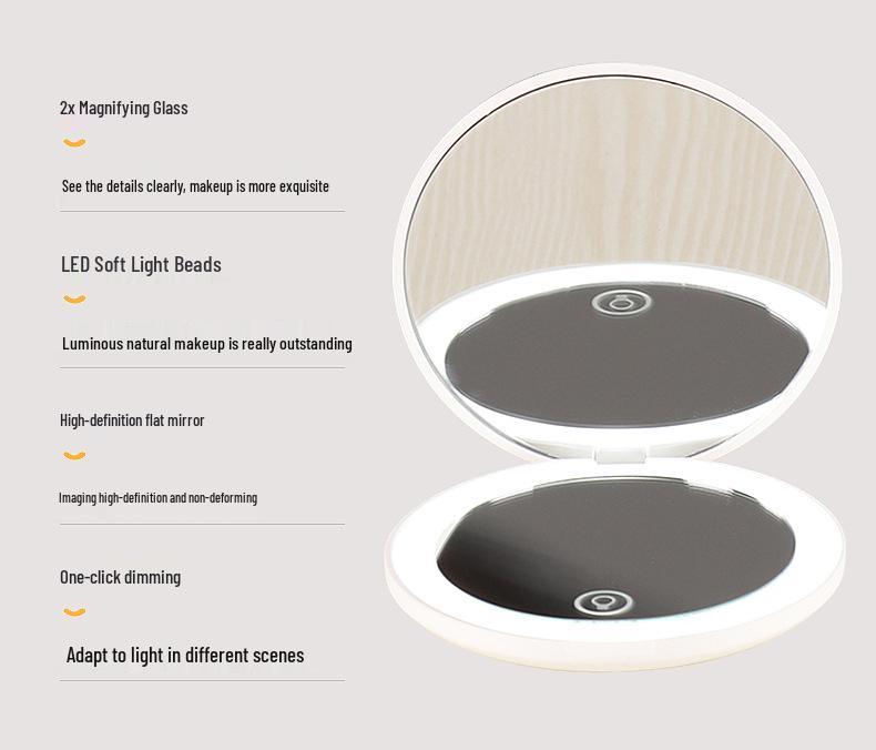 LED Lit Portable Double-Sided Makeup Mirror, 10x Magnification, Folding, with Living Room Fill Light