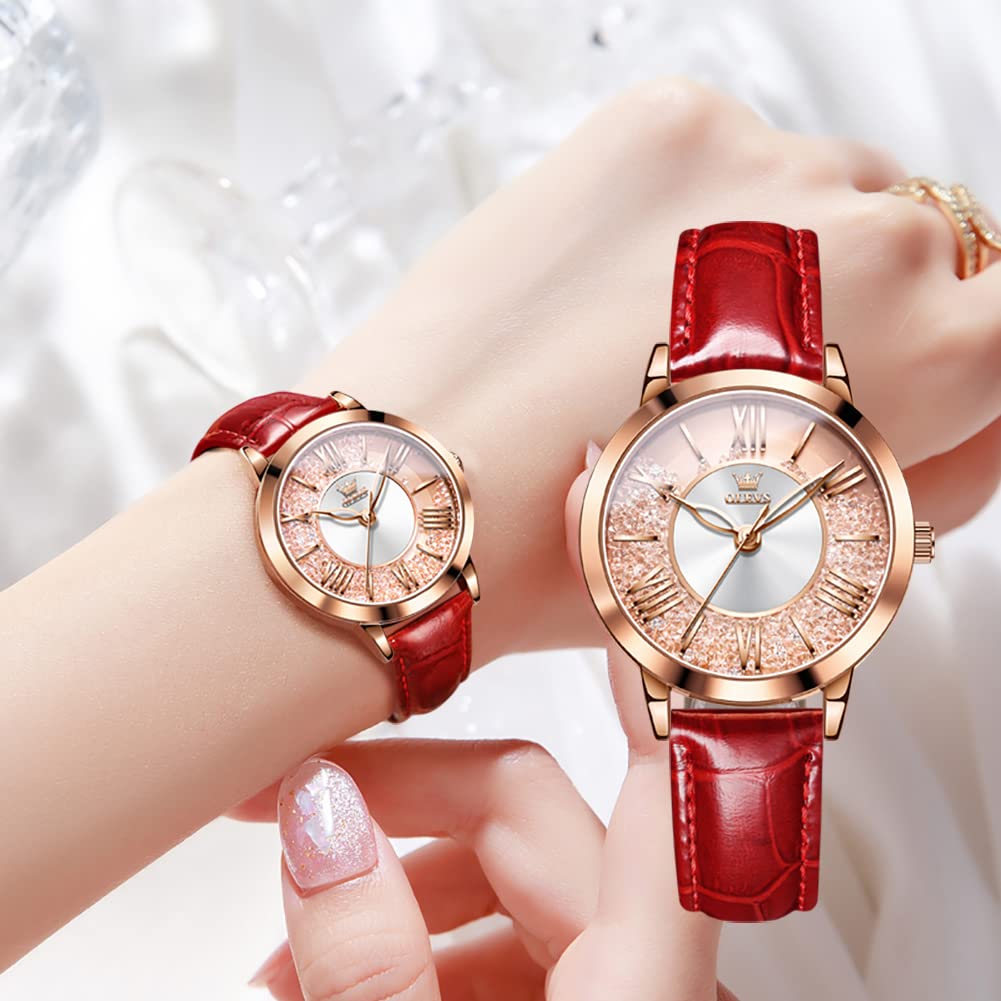 OLEVS Popular Quartz Watch with Rose Gold Diamond and Quicksand Sparkling Waterproof and Perfect Gift for Leather Red Women's Dial, Luminous, Mother's