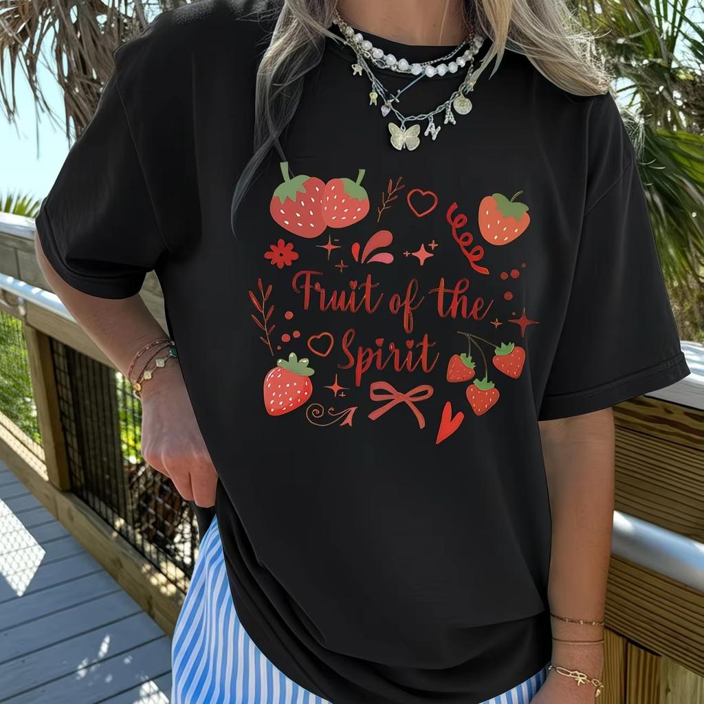 Fruit Of The Spirit Christian T Shirt Cute Strawberry Bow Graphic Tops Unisex Trendy Aesthetic Casual Short Sleeve Tee Tops