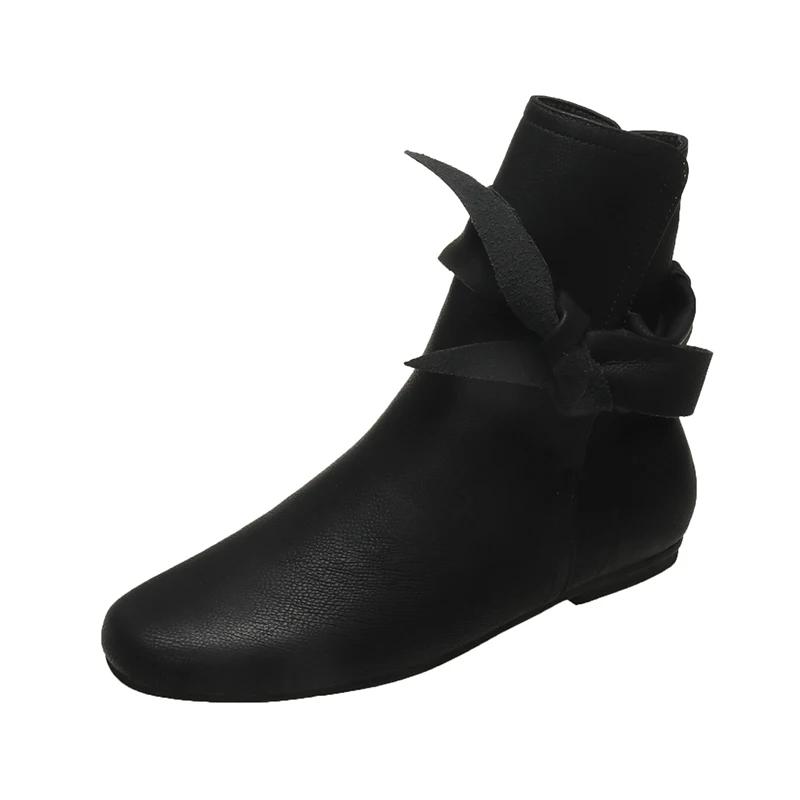 White Butterfly-knot Chelsea Ankle Boots Vintage Square Toe Flat Leather Low Heels Slip-on Shoes 2024 Women's Slim Western Boots
