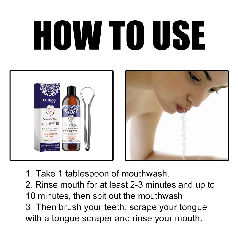Coconut Mint Mouthwash Tongue Scraper Set Powerfully Removes Bad Breath Plaque Long-Lasting Freshness Coconut Oil Mouthwash