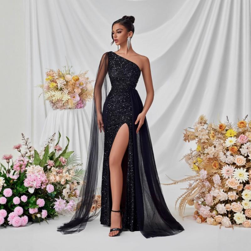 Sequin Mesh Evening Gown High Slit Long Dress Party Stage