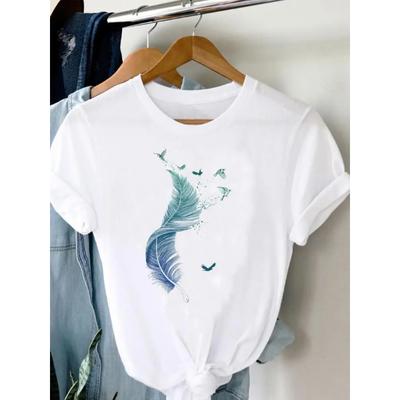 Tee Women T-shirt Summer Short Sleeve Print Clothes Graphic T Shirt Feather Painting Bird Clothing Fashion Female Top