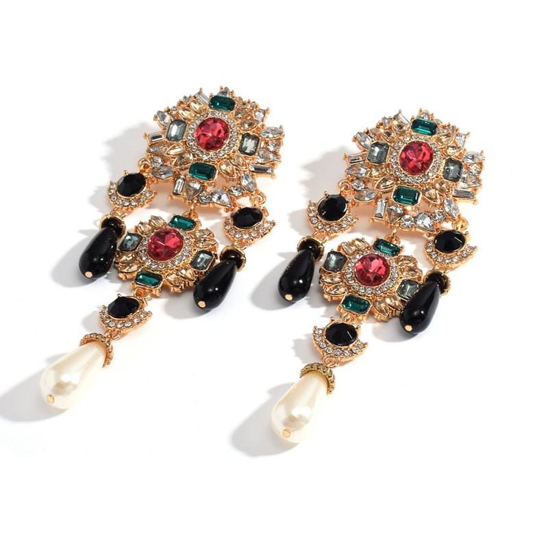 Elegant Baroque-Style Statement Earrings With Full Rhinestone Pearl Accents VintageInspired Alloy Drop Women