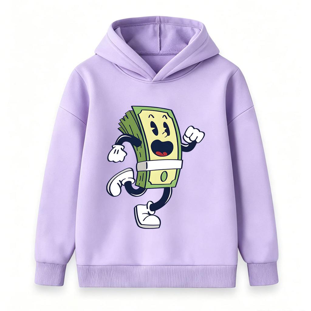 Kids Boys Girls Pullover Hoodie, Retro Cartoon Running Dollar Bill Character Print Casual Long Sleeve Hooded Sweatshirt for Daily Wear and Outdoor