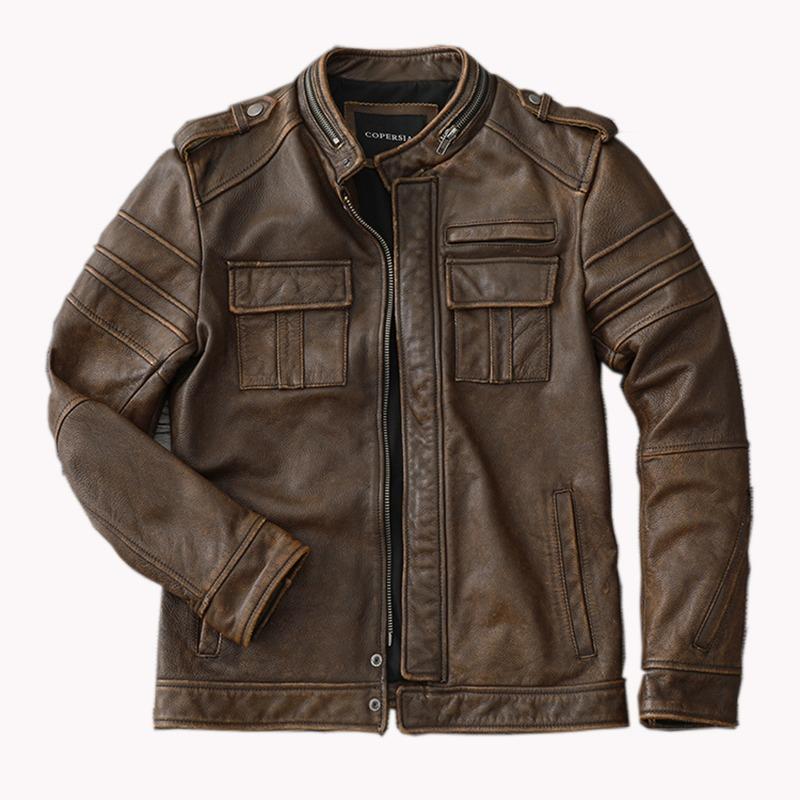 Chinese Size Men Leather Jacket Style Brown Genuine Cowhide Coat Soft Slim Fit Spring Vintage