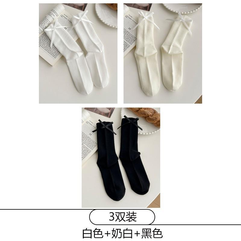Womens Cotton Mid-Calf Socks With Bow Detail Japanese Style Ribbed Crew Soft Breathable Stackable Teens Young Adults