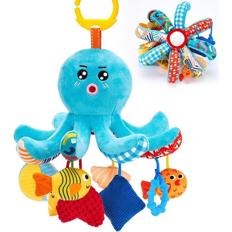 Topmix Baby Toys 0-6 Months - Car Seat Toys Octopus Toy With Pulling Cords, Squeaky, Crinkle, Rattle, Mirror, Montessori Newborn Sensor