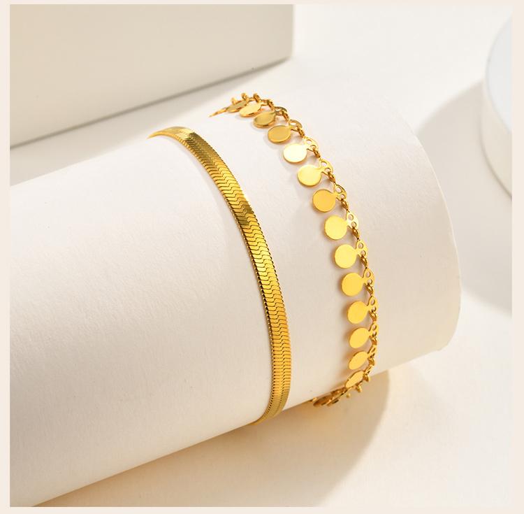 Anklet Set Layered for Women 18K Gold Plated Stainless Steel Flat Snake Chain Round Disk Waterproof Jewelry