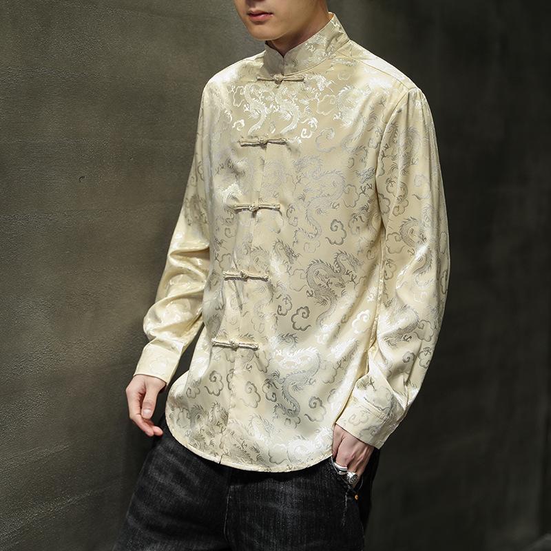 Herren Satin Mandarin-Kragen Seidenhemden Kragen Chinesisches Kleiderhemd Große Größe mit Drache Rot Neujahrsbekleidung Oversize S gelb