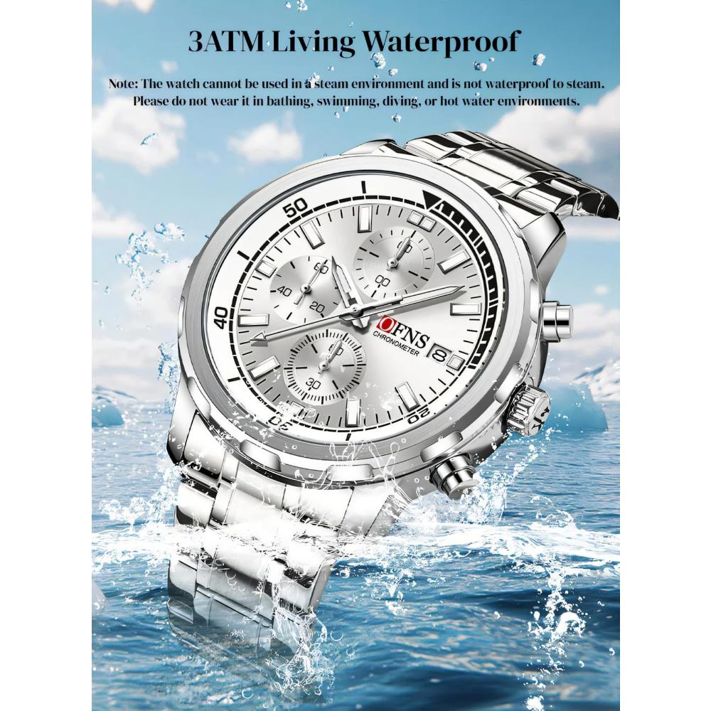 Men's Business and Leisure Watch with Three Eyes Six Needles Quartz Movement Night Light Display Waterproof Wristwatch