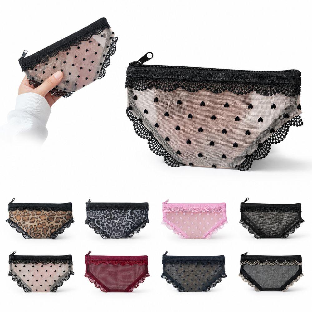 New Briefs Shape Cosmetic Bag Lace Heart Transparent Makeup Storage Pouch Y2K Mesh Toiletry Bag Storage for Travel