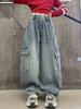 Girls' Retro Blue High-Waist Wide-Leg Pants - Spring & Autumn Versatile Loose Fit
