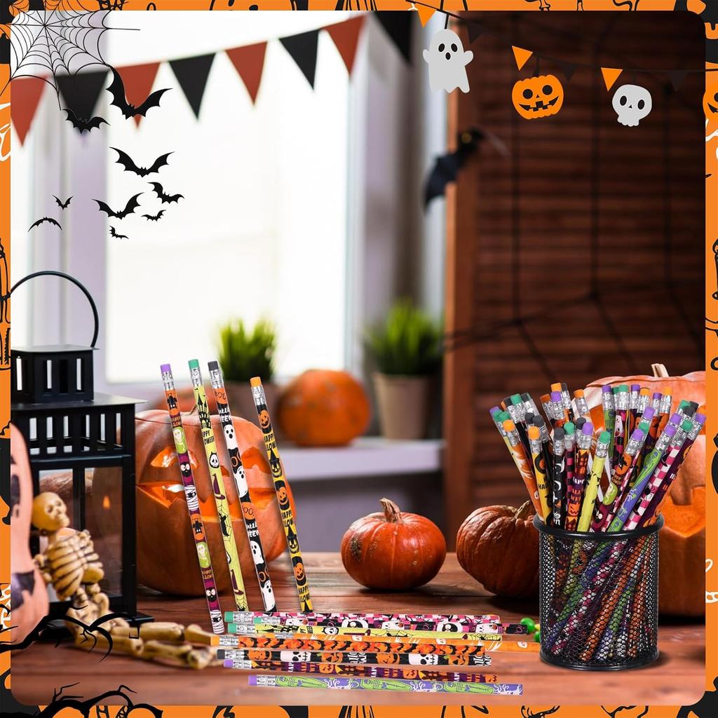 48 Pieces Halloween Pencils with Eraser Assortment Halloween Themed Pencil Ghost Pumpkin Skeleton Bat Spider Wooden Pencils for Halloween Party Favor