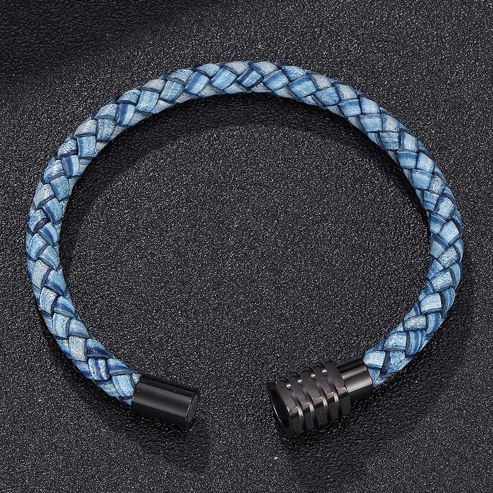 

Vintage Jewelry Of Men Blue Genuine Braided Leather Bracelet Black Stainless Steel Clasp Bracelets Bangles Gift 205mm синій