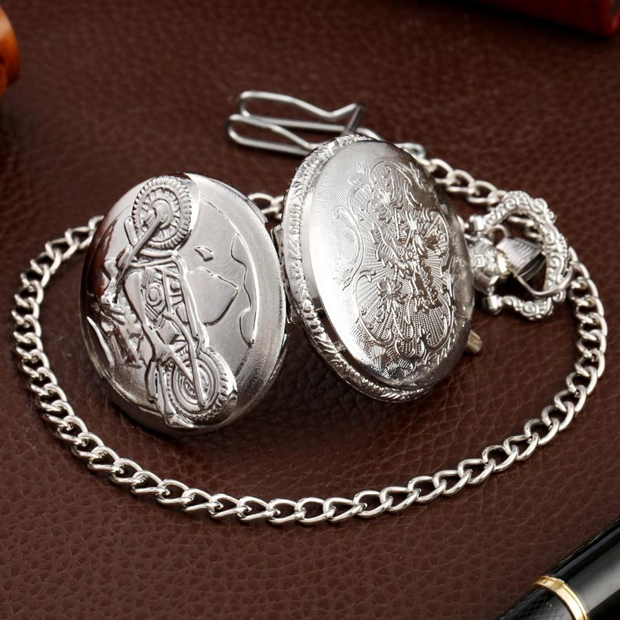 Motorcycle Luminous LED Flash Motorbike Moto Quartz Pocket Watch Carved Chain Clock Gift for Men Women