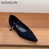Fashion SUOJIALUN Women Flat Shoes Fashion Red Pointed Toe Ladies Elegant Mary Jane Shoes Low Wedge Heel Outdoor Dress Ballerinas Shoes