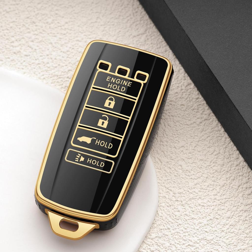 For Acura Key Fob Cover with Engine Hold Remote Start 5 Button Car Key Case Protector for Acura MDX RDX RLX TLX Black Gold Accessories 2017 2018