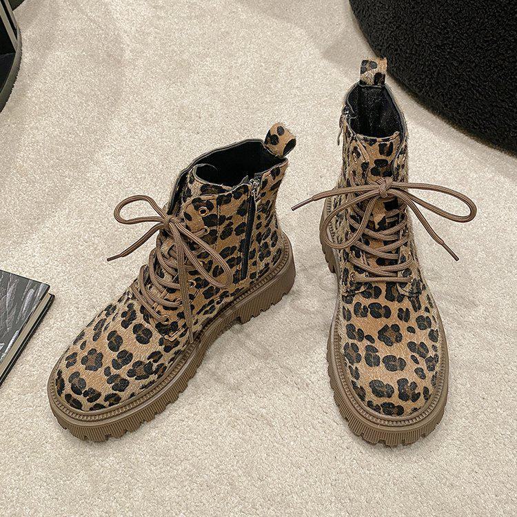 Damen Leopardenmuster Dicke Sohle Martin Stiefel Herbst Winter Schnürung Mode Bequeme Schuhe