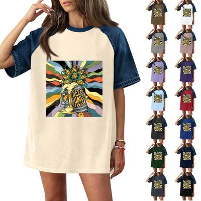Casual Women Denim Patchwork Short Sleeve T Shirt Oktoberfest Print Comfortable Loose Fit Top