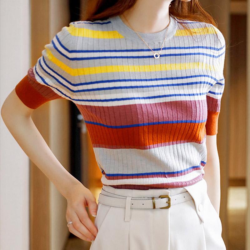 Women Sweaters Pullovers 2025 Summer Short Sleeve O-Neck Striped Slim Knitted Sweater Women Tops Pullover JJ315